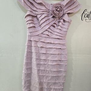 Blush Pink Ruffle Dress with Rosette Detail – Size 4 – Romantic Occasion Dress
B